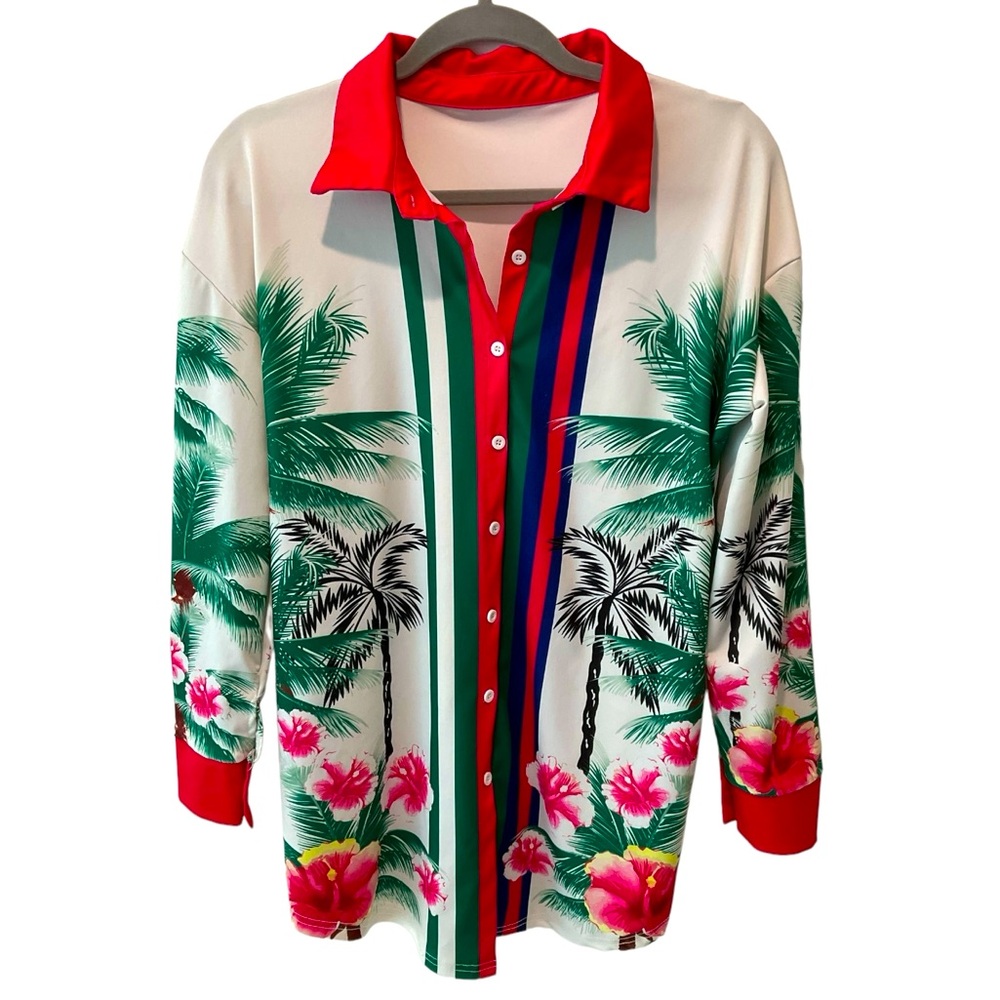 Red and White Long Sleeve Button Down Shirt with Notched Collar